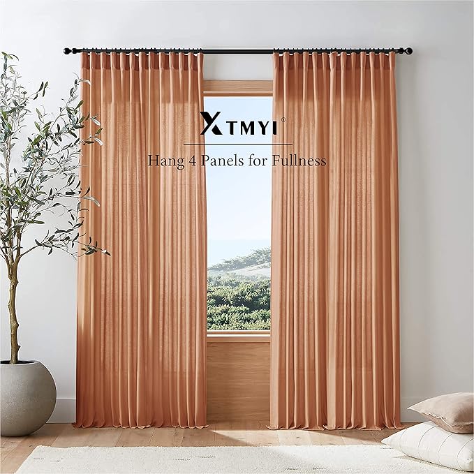 XTMYI Bohemian Rustic Curtains for Living Room Decor 2 Panel Set Linen Cotton Sheer Back Tab Hooks Pleated Fall Curtains for Bedroom Window,Pale Copper Rust Terracotta,96 Inch Long
