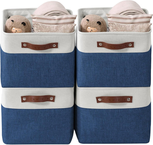 DECOMOMO Storage Bins Fabric Storage Baskets for Shelves, Linen Closet Organization Toys Nursery (Navy Blue and White, Large - 4 Pack)