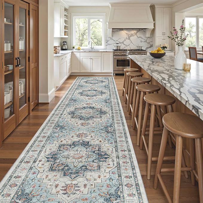 Madane Hallway Runner Rug 3x16 Washable Kitchen Runners Long, Blue | Vintage Non-Slip Wide Area Rugs 16ft for Entryway, Soft Thin Low-Pile Farmhouse Indoor Floor Carpet for Living Room Bedroom