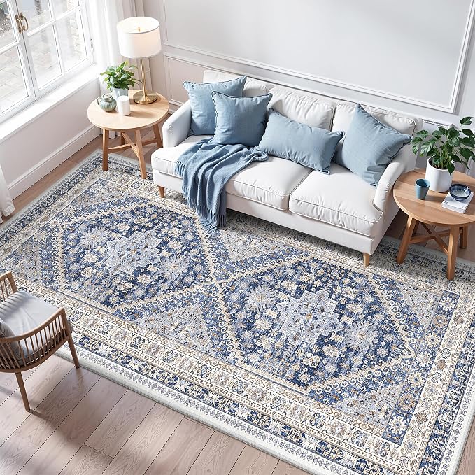 zesthome 4x10 Runner Rug, Washable Hallway Runner Rug with Non-Slip Backing, Low Pile Wide Runner for Living Room, Entryway, Kitchen, Soft Modern Home Decor Mat for Dining Room(Blue/Beige,4'x10')