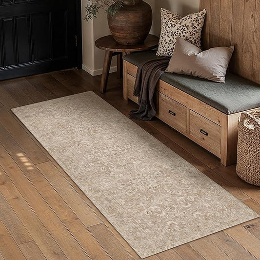 PureCozy Brown 2x6 Runner Rug Hallway Washable Vintage Carpet Kitchen Long Small Indoor Non Slip Soft Low Pile Thin Stain Resistant Distressed Accent Throw Rug for Bedroom Laundry Office Living Room