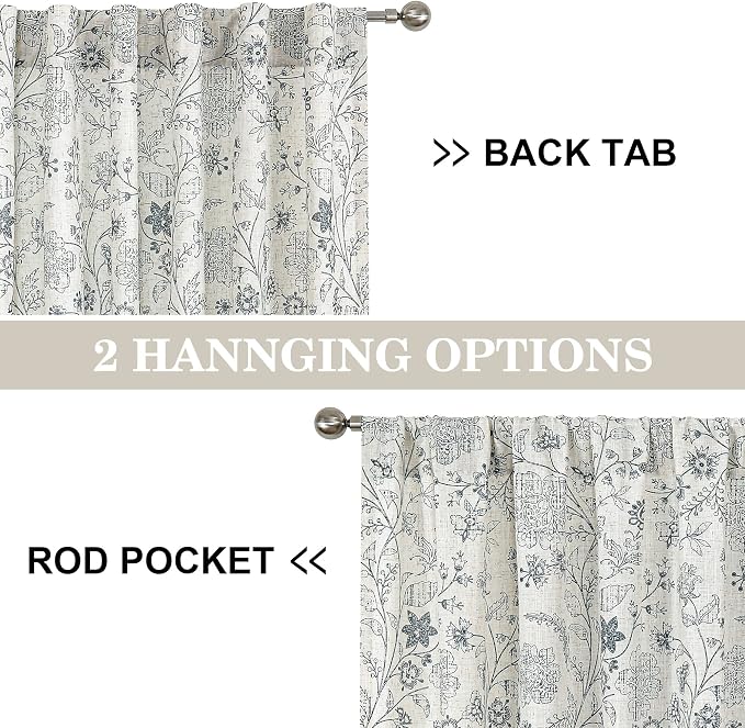 Vision Home Blue Floral Linen Curtains Back Tabs Rod Pocket Semi Sheer Farmhouse Window Curtains for Bedroom Living Room Light Filtering Drapes 63 inch Blue on Beige 2 Panels,54" Wx63 L