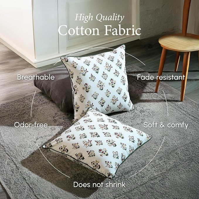 CPC 100% Cotton Throw Pillow Covers 20x20 Inch, Set of 2 Green Block Print Pattern Couch Pillow, Cute Boho Decorative Pillows for Living Room, Bedroom with Hidden Zipper- Fall Green