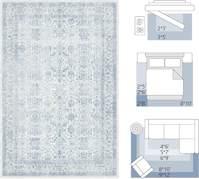 FMFUNCTEX 8x10 Washable Area Rug Blue Vintage Neutral Distressed Large Non Slip Carpet for Living Room Bedroom Soft Low Pile Indoor Mat Retro Floral Throw Rug for Dining Room Kitchen Office Nursery