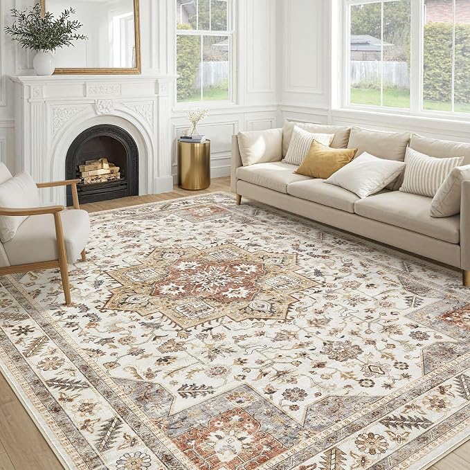 Vintage Living Room Area Rug 8x11 - Large Soft Washable Oriental Traditional Distressed Farmhouse Rugs for Bedroom - Indoor Floor Accent Carpet for Home Office House Decor - Orange