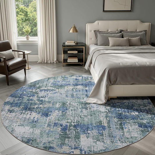 Sasttie 6ft Soft Round Area Rug, Modern Abstract Washable Circle Carpet for Living Room, Bedroom, Dining Room Table, with Non-Slip Backing, Blue and Green