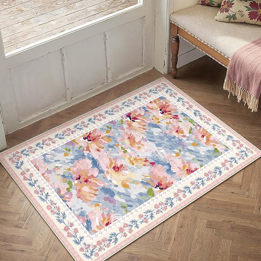 2x3 Washable Area Rug for Entryway Pink Blue Floral Abstract Soft Throw Rug Modern Non Slip Low Pile Small Carpet for Kitchen Bathroom Living Room Bedroom