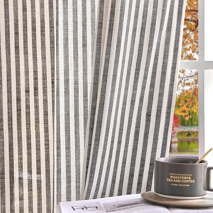 jinchan Linen Curtains 84 Inch Black Stripe on Beige Grommet 2 Panels | Curtains for Living Room Bedroom,Ticking Stripe Pattern,Farmhouse Cottage Core Rustic, Window Treatment,Light Filtering