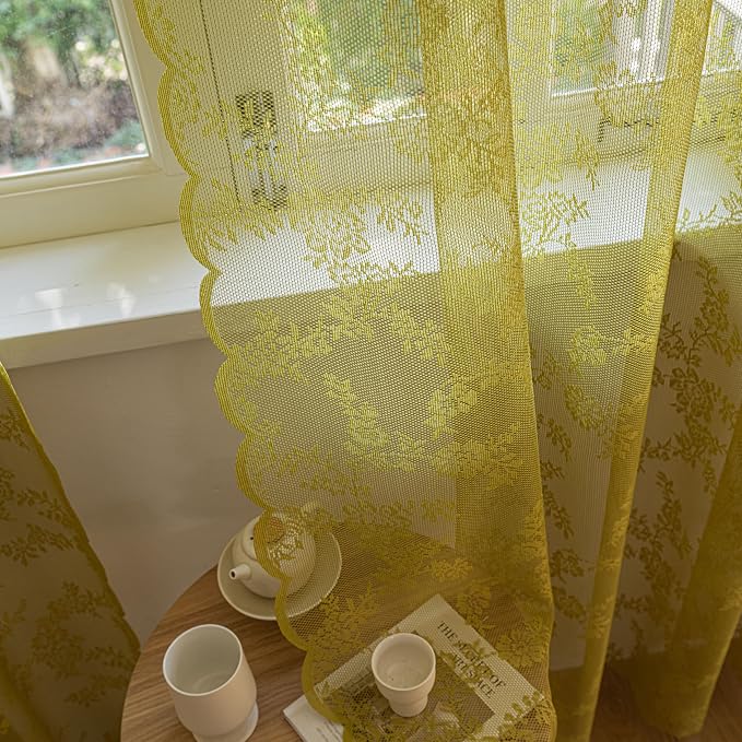 Sutuo Home Lace Curtains for Bedroom Dining Room 90 Inches Long 2 Panels, Boho Sheer Rose Floral Embroidery Ruffled Vintage Window Treatment Pair Easter Decor, Rod Pocket, W57 x L90,Sage Green