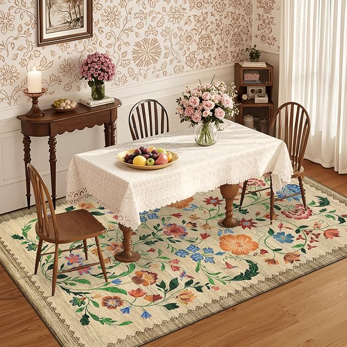 GarveeHome Washable Rug 5x7 Area Rugs for Living Room, Floral Rug for Bedroom, Soft Boho Non Slip Throw Rugs with Rubber Back, Low Pile Stain Resistant Vintage Floral Carpet for Dining Room, Beige