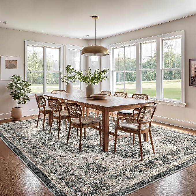 Roxstand 9x12 Washable Area Rug, Large Non Slip Rug, Black/Beige | Non-slip Backing, Low-Pile Carpet, Stain Resistant, Rugs for Living Room, Bedroom, Dining Room, Office