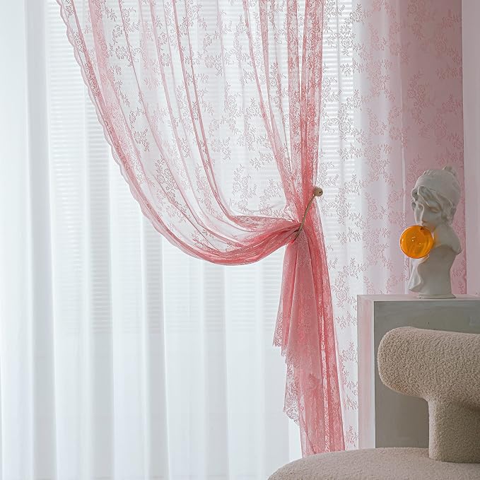 Sutuo Home Lace Curtains 2 Panels Set, Blush Pink Sheer 72 Inch Long Window Floral Vintage Voile Window Panel Treatment for Bedroom/Living Room/Kitchen, Decor Rod Pocket W57 x L72
