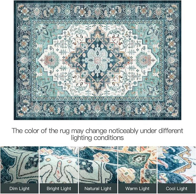 Lofus 9x12 Washable Rugs Non-Slip, Vintage Floral Area Rug for Living Room Bedroom Dining Room Kitchen, Low Pile Distress Print Medallion Carpet Home Decor Rug, Floral Green Beige