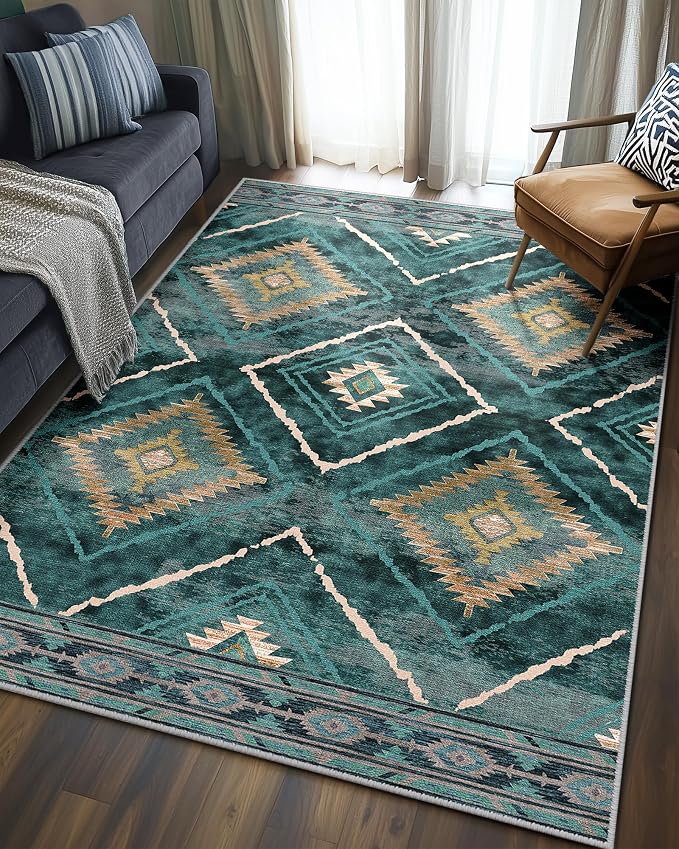 BESTSWEETIE Area Rug 4x6 Rug Machine Washable Non-Slip Low Pile Print Pattern Western Rug for Living Room Bedroom Entryway Tribal Series -Teal/Green