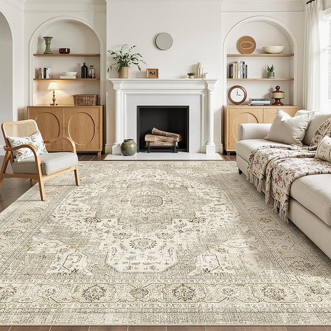 Roxstand Washable Rugs 9x12, Large Area Rugs 9x12 Living Room with Non-Slip Backing, Super-Soft Floral Vintage Rug, Low Pile Area Rug for Bedroom, Dining Room, Office (Ivory/Beige, 9'x12')