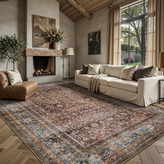 6x9 Area Rugs - Washable Vintage Retro Living Room Rug, Soft Ultra Thin Non Slip Low Pile Traditional Distressed Boho Carpet for Bedroom Dining Room Nursery Home Office, Dark Red Brown