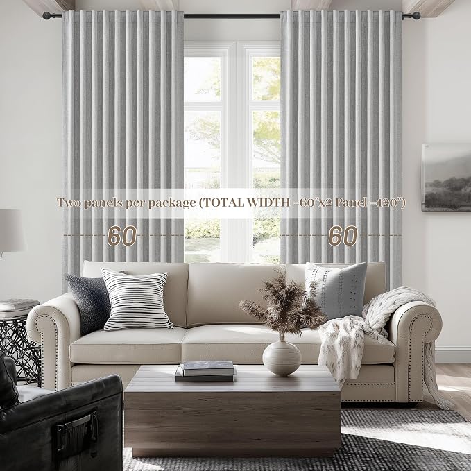 Blackout Curtains 60 Inches Extra Wide Linen Curtains 84 Inch Length for Living Room, Pleated Farmhouse Bedroom Thermal Drapes for Winter Thick Large Window Energy Efficient(60"W x 84"L 2 Panels Grey)