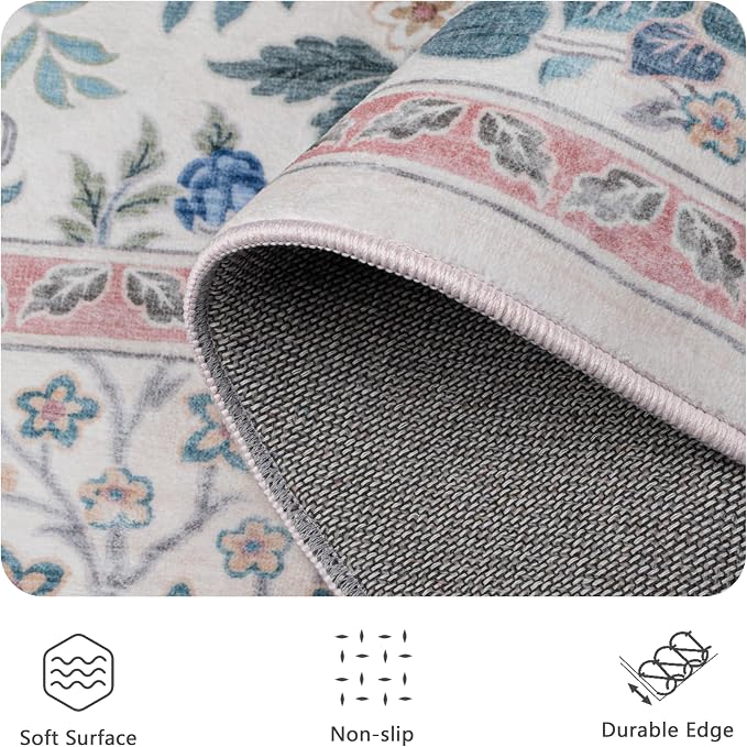 6x6 Square Area Rugs, Machine Washable Low Pile Floral Rugs for Living Room, Bedroom, Large Boho Area Rug with Non-Slip Backing for Dining Room(Pink Floral)