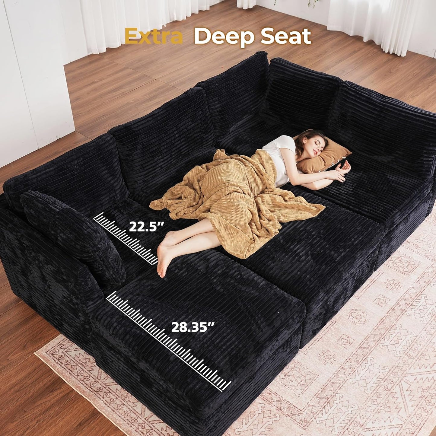 HOOOWOOO Modular Sectional Sofa,6 Pieces Sectional Couches for Living Room,131X66 L Shaped Cloud Couch with Ottoman Chaise Set(Black Velvet Corduroy)