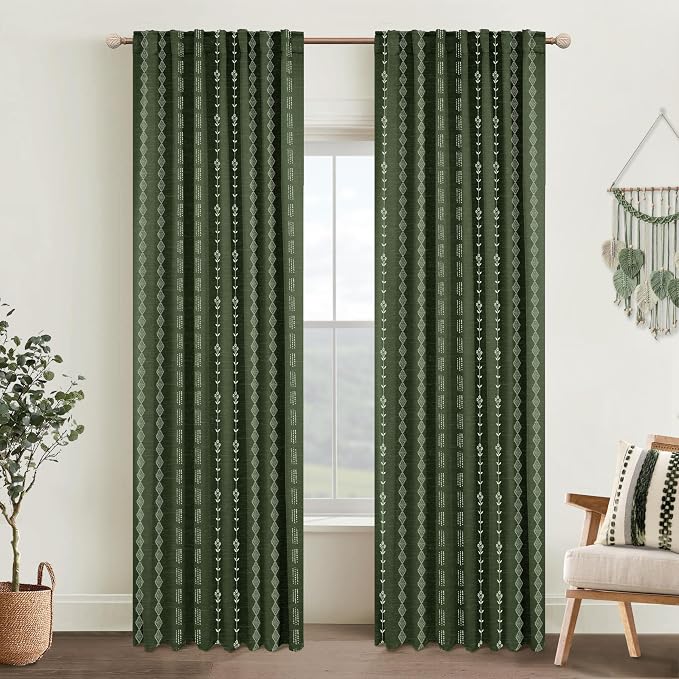 Lino Rosa Dark Olive Green Curtains for Bedroom,Boho Floral Back Tab Semi Blackout Mid Century Modern Curtain Drapes 84 Inch Length 2 Panels Set