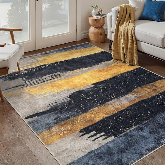 Ciicool Abstract Area Rug Indoor, 3x5 Washable Entryway Rug, Modern Soft Throw Entry Rug with Non-Slip Backing for Bedroom Living Room Entrance Kitchen, Low-Pile Floor Carpet Doormat Black Gold
