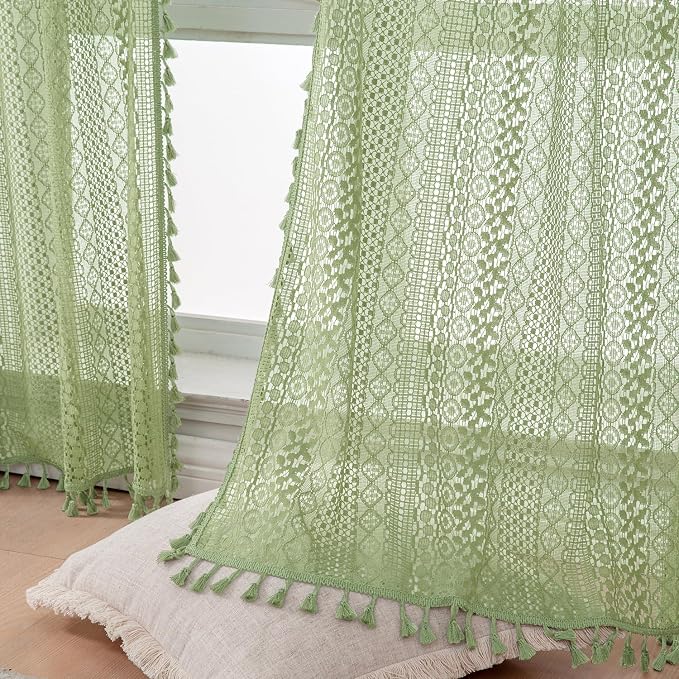 WAZZIO Boho Lace Curtains 84 Inches 2 Panel,Light Filtering Privacy Tassel & Geometry Crochet Semi Sheer Curtain Drapes for Bedroom Living Dining Room,Rod Pocket & Tassel,Grass Green