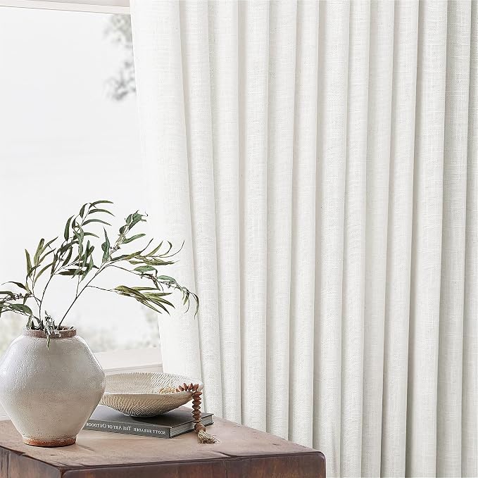 TWODRAPES Ivory White Pinch Pleated Extra Wide Linen Curtains 84 Inches Long for Patio Sliding Glass Door 70 Inch Wide Pleated Drapes with Hooks Rings Semi Sheer 70x84 Curtain for Living Room 1 Panel