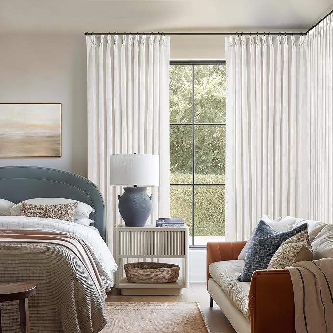 TWODRAPES Extra Wide Linen Curtains 102 Inches Long 70 Inch Wide for Living Room Bedroom Light Filtering Beige Off White Pinch Pleated Curtains Hooks Rings Back Tab for Sliding Door 1 Panel 70Wx102L