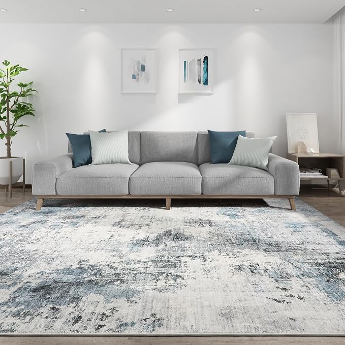 Abstract 8x11 Area Rug: Machine Washable Non Slip Ultra Thin Low-Pile Carpet, Soft Stain Resistant for Living Dining Room Bedroom, Kid Pet Friendly, Robot Vacuum Compatible - Grey Blue