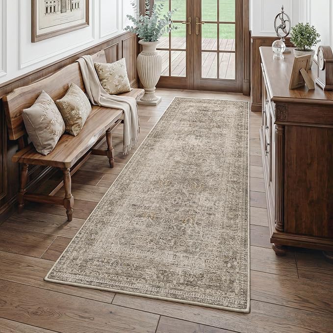 Fmfunctex 3x8 Runner Rug Taupe Washable Vintage Neutral Distressed Non Slip Low Pile Indoor Carpet Soft Retro Floral Hallway Entryway Rug for Kitchen Living Room Bedroom Bathroom Laundry Entry Bedside