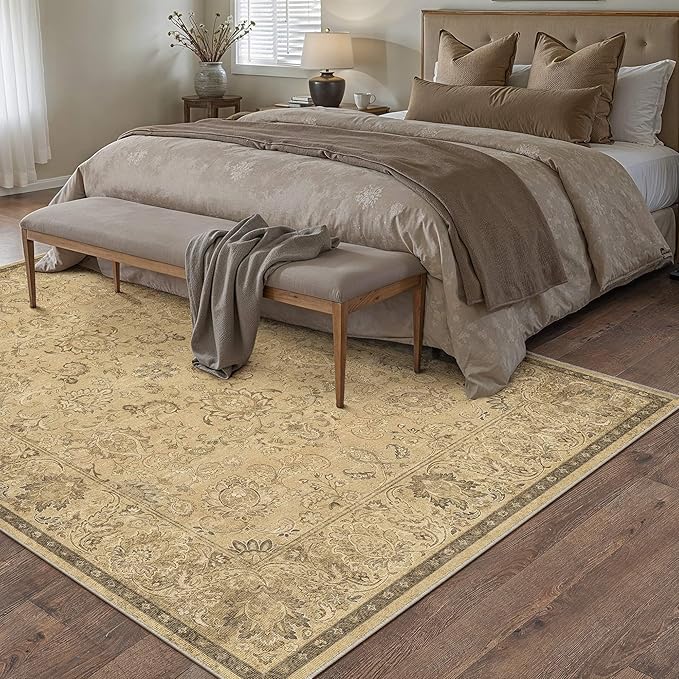 HUGEAR 3x5 Machine Washable Area Rugs Vintage Brown - Neutral Non Slip Stain Resistant Low Pile Aesthetic Throw Carpet Kids & Pet Friendly for Living Room Kitchen Dining Room Laundry
