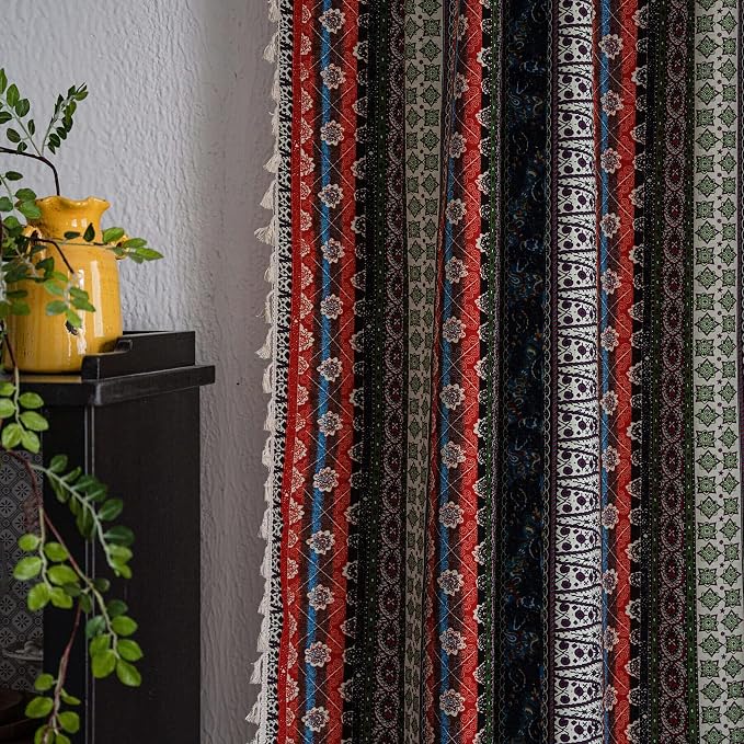 VOGOL Boho Style Bedroom Curtains, Semi Blackout Striped Print Drapes with Tassels for Living Dining Room, 1 Panel Rod Pocket Window Treatment, 52 x 84 Inches, Red & Blue