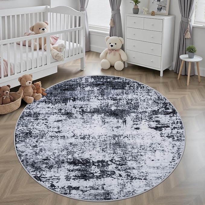 Round Area Rug for Living Room: 4 ft Washable Modern Abstract Soft Thin Rug Indoor Floor No Slip Stain Resistant Carpet for Bedroom Dining Room Farmhouse Nursery Home Office - Black