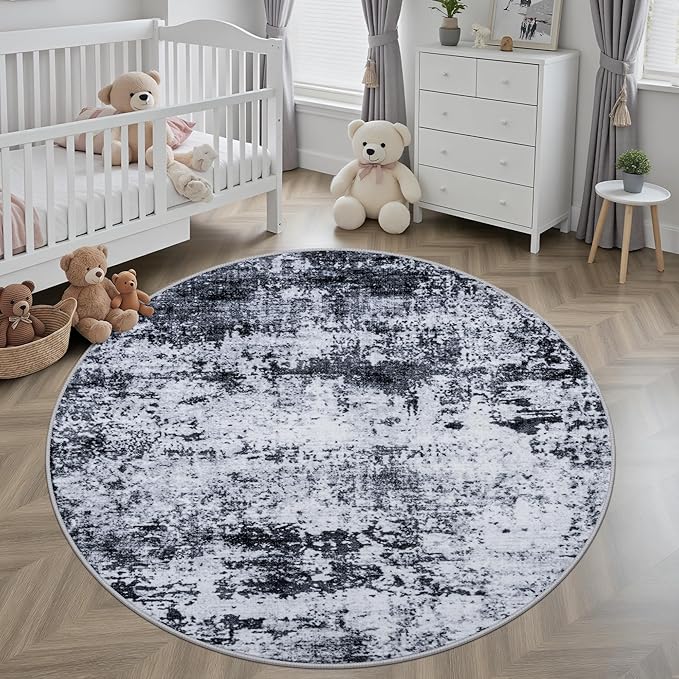 Round Area Rug for Living Room: 8 ft Washable Modern Abstract Soft Thin Rug Indoor Floor No Slip Stain Resistant Carpet for Bedroom Dining Room Farmhouse Nursery Home Office - Black
