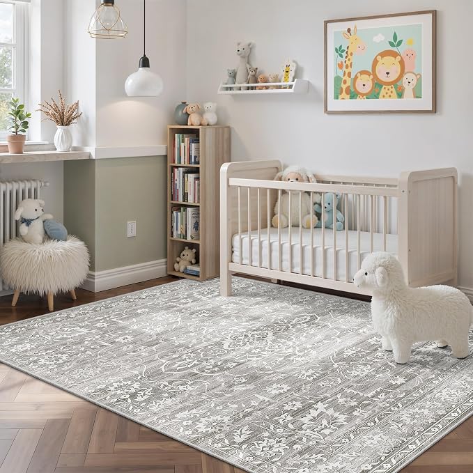 Soalmost 3x5 Area Rugs for Entryway, Washable Neutral Soft Rug Grey | Vintage Floral Low Pile Non-Slip Throw Area Rugs, Accent Rug Floral Indoor Mat for Bedside Living Room Kitchen Bedroom 3'x5'