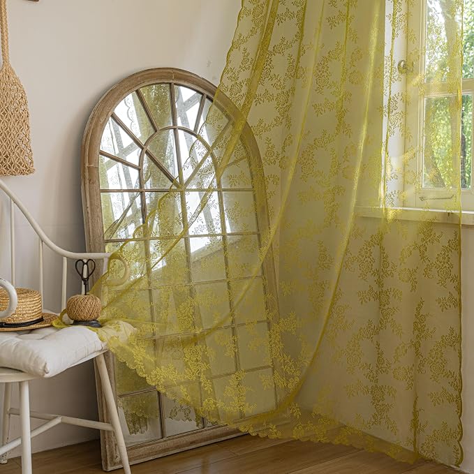 Sutuo Home Sage Green Lace Curtains 84 Inches Long for Bedroom Living Room 2 Panels Set, Boho Sheer Floral Embroidery Ruffled French Vintage Window Treatment Pair Doorway Decor Rod Pocket, W57 x L84