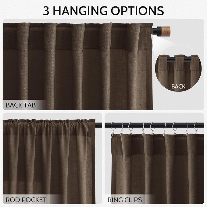 Chocolate Curtains 63 Inches Long 2 Panel Sets for Living Room Bedroom, Light Filtering Linen Drapes for Kitchen Windows Rod Pocket or Back Tab Curtain,Semi Sheer 52x63