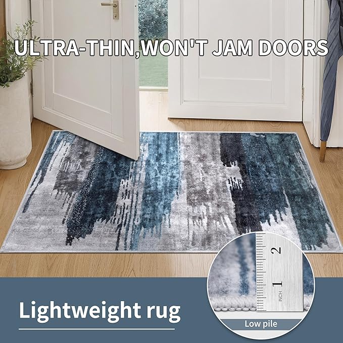 Ciicool 2x5 Washable Runner Rug, Modern Abstract Hallway Rugs Runner, Non-Slip Thin Accent Rug Lightweight Navy Grey Print Distressed Carpet for Laundry Entryway Bedroom Kitchen Bathroom Indoor