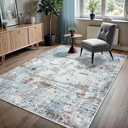 GLN Rugs Contemporary Collection - Machine Washable Area Rug, Contemporary Washable, Non Slip, Low Pile Chenille Rug, Living Room, Bedroom, Kitchen Rug (9' x 12' White/Grey/Blue/Brown)