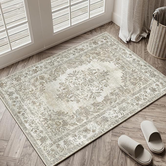 PureCozy 2x3 Area Rug Beige Washable Entryway Door Mat Indoor Vintage Medallion Floral Carpet Kitchen Bathroom Distressed Entrance Retro Small Non Slip Accent Throw Bedroom Office Dining Living Room