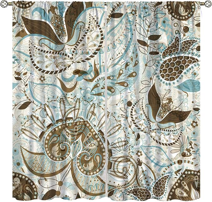 Boho Curtains, Peris Flower Print Pattern Home Window Treatments, Bedroom Living Room Kitchen Office Blackout Curtains42X54 Inch