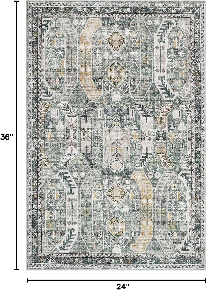 Madane Washable Area Rug 2x3 Small Entryway Rugs Non-Slip, Green/Gold | Vintage Stain-Resistant Door Mat Indoor Entrance, Low Pile Floor Carpet for Inside Front Bedroom Kitchen Entry Laundry, Stair