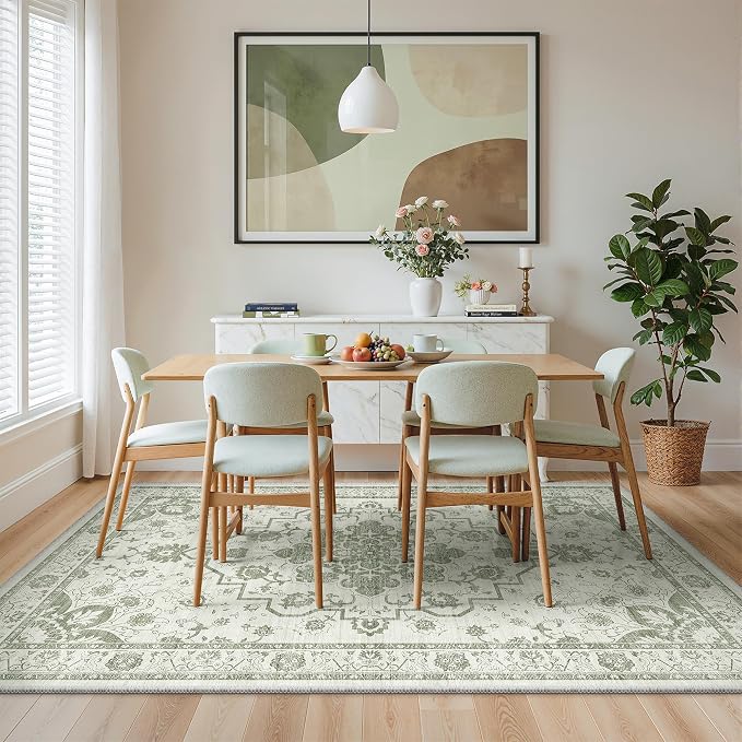 Madane 8x10 Area Rugs for Living Room, Machine Washable Vintage Green Rug with Non-Slip Backing, Soft Throw Large Rug, Thin Carpet for Bedroom Dining Room Farmhouse Under Table, Green/Ivory