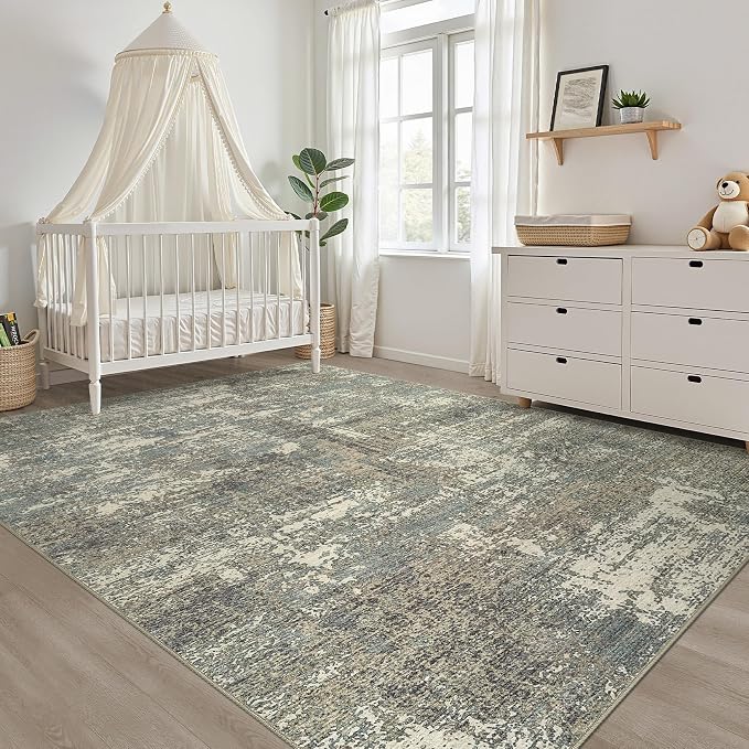 8x10 Area Rugs Living Room: Washable Large Neutral Rug Abstract Soft Modern Stain Resistant Indoor Floor Non-Slip Carpet for Bedroom Nursery Kids Office Playroom Dining Room- Green Brown