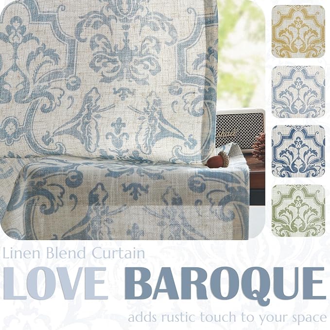 jinchan Linen Valance Curtain for Kitchen Vintage Damask Floral Light Filtering Double Layer Small Window Valance for Living Room Bedroom Bathroom 18 Inch Rod Pocket 1 Panel Light Blue on Beige