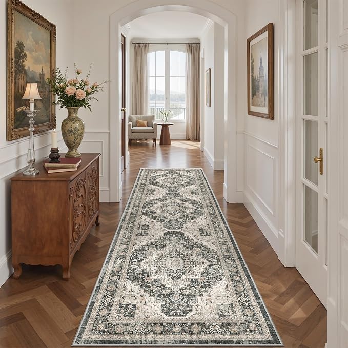 Roxstand Washable 2.6x8 Hallway Runner Rug, Black/Beige | Low-Pile Carpet, Non-slip Backing,8ft Runner, Stain Resistant, Runner for Kitchen, Laundry Room, Entryway, Vintage Design