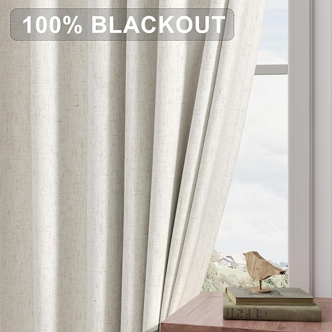 Joywell 100% Blackout Extra Long Line Curtains 128 Inch for Bedroom High Window 2 Panel Natural Black Out Curtain Back Tab Noise Cancelling Drapes Floor to Ceiling Cream Ivory 52 x 128