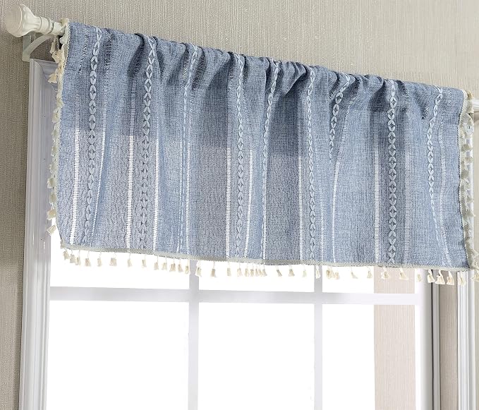 RoomTalks Boho Kitchen Valances for Windows Embroidered French Striped Farmhouse Vintage Chic Textured Tassel Curtain Valances for Bathroom Living Room Bohemian Decor (18’’L x 52’’W, Blue)