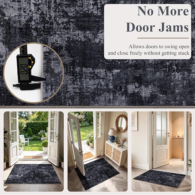 Sasttie 2x6 Soft Runner Rug for Entryway, Modern Abstract Washable Carpet for Hallway, Kitchen and Laundry Room, with Non-Slip Backing, Black and Grey