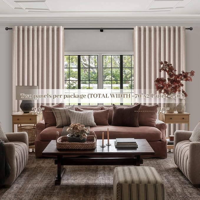 140 Inches Extra Wide Curtains (Each W70xL108x2) Linen Farmhouse Insulated Thermal Large Window Heavy Duty Draps for Summer Heat Patio Sliding Door 100 Percent Blackout Hook Belt(W70xL108x 2Panels)